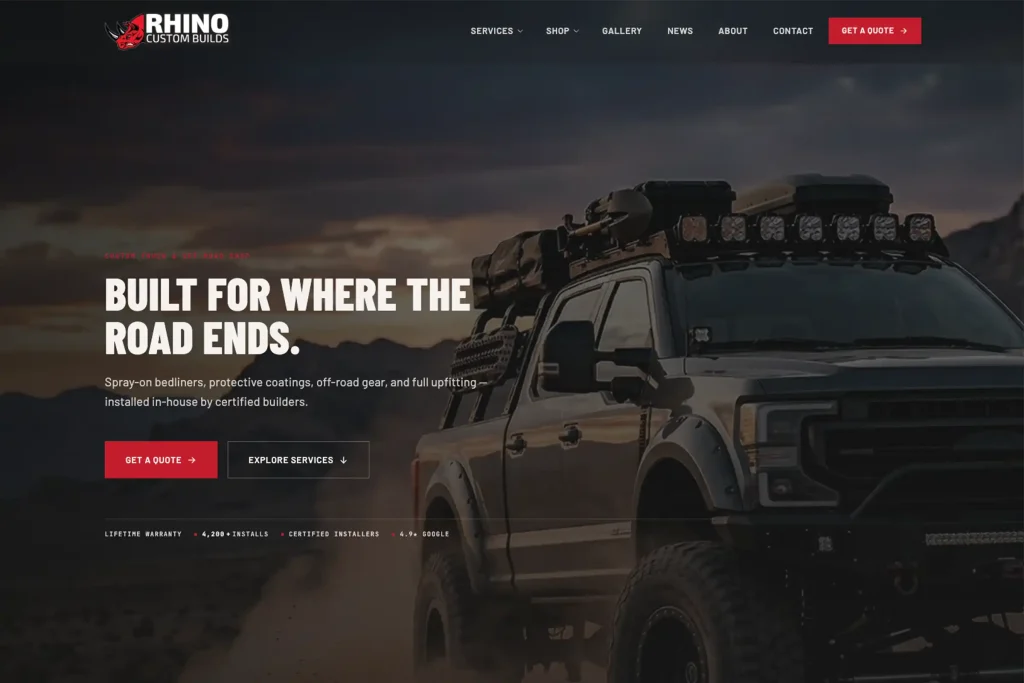 Rhino Custom Builds homepage on desktop, with an outfitted off-road truck and a quote button