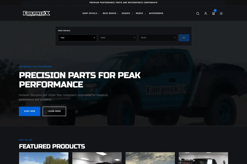 Fiberwerx homepage on desktop, with a vehicle selector above an off-road truck